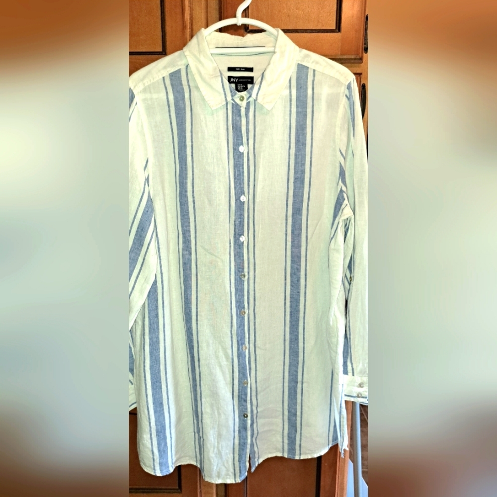 Ladies Jones New York Ticking Stripe 100% Linen Long Tunic Blouse Beach XL